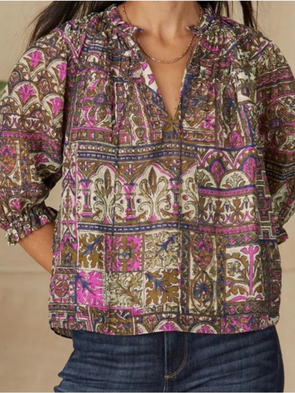 Marie Oliver Finley Top XL Amethyst Tile Print Boho Blouse Ruffle Neck Peasant